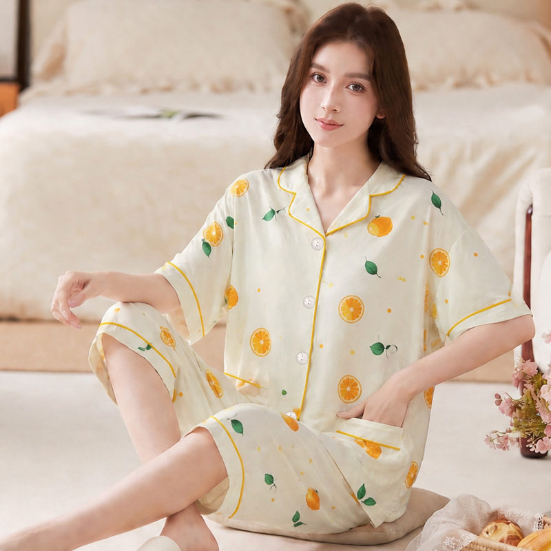 简约小清新印花大码睡衣女夏季中年妈妈仿棉短袖七分裤家居服