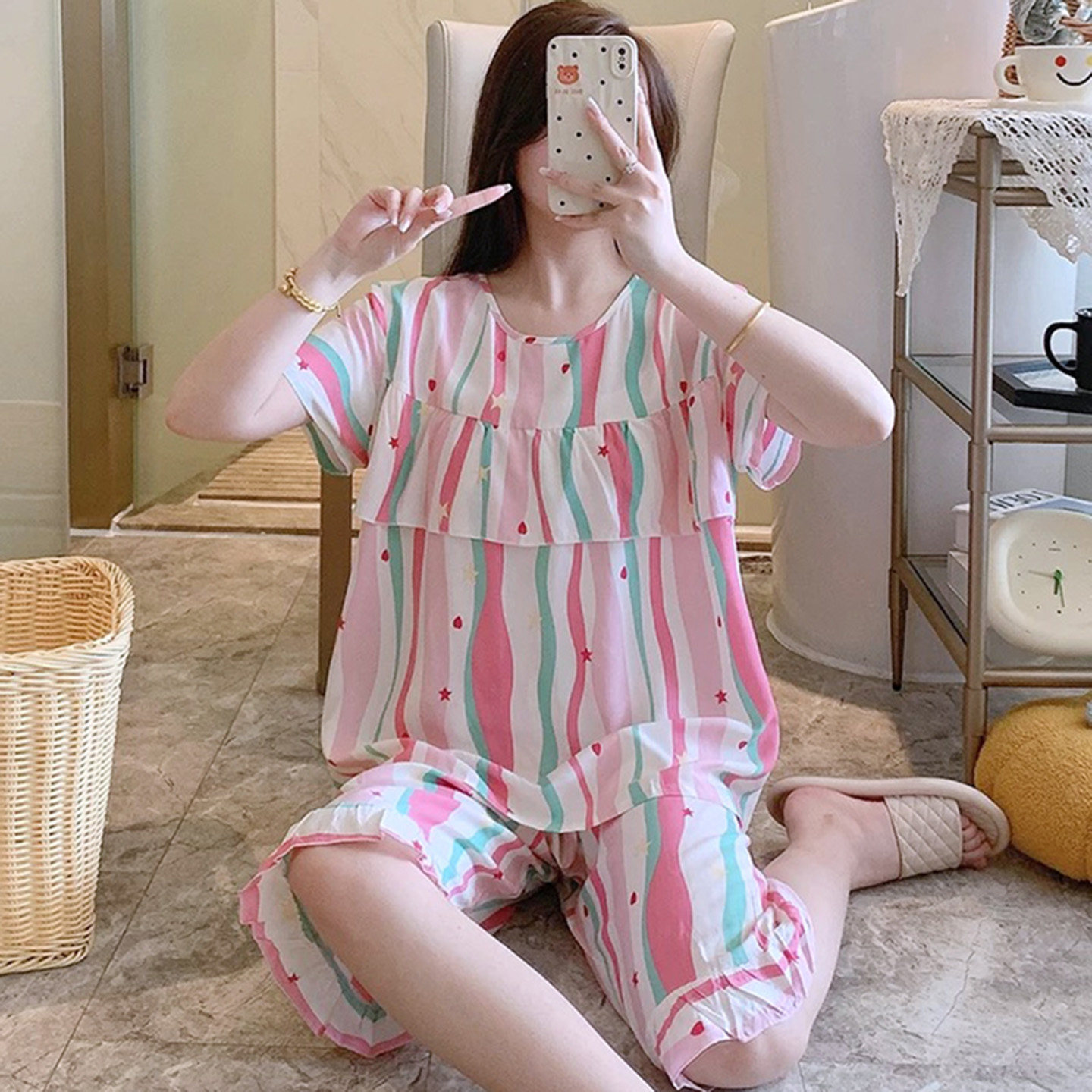 防凸点睡衣女棉绸短袖长裤可外穿