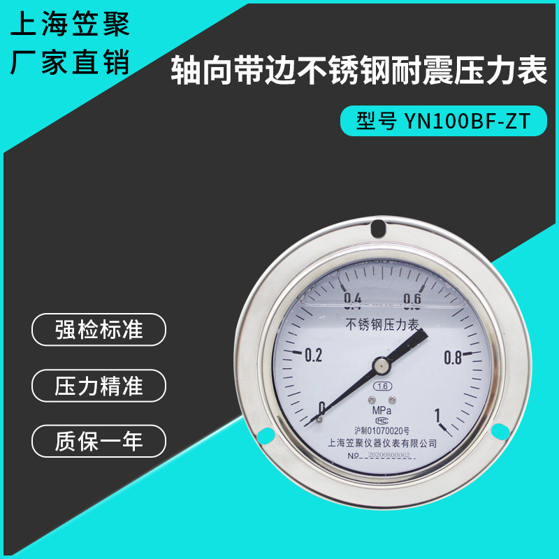 上海笠聚YN100BF-ZT轴向带边不锈钢耐震压力表1mpa油压高温蒸汽表