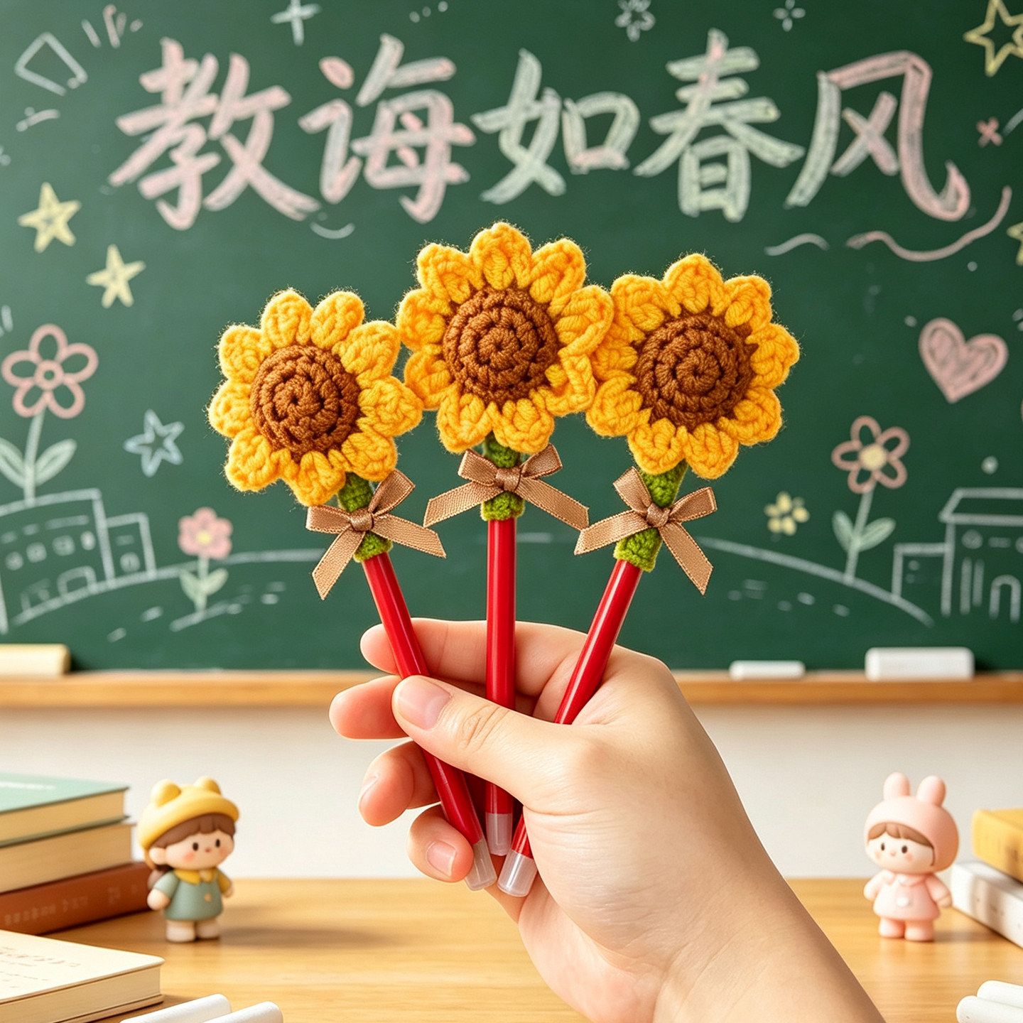 教师节钩织向日葵红笔礼物图片