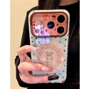 光油星星围绕小熊适用苹果17PROMAX手机壳iphone16PRO/15/14可爱硬背软边13/12卡通11防摔保护套女精孔镜头