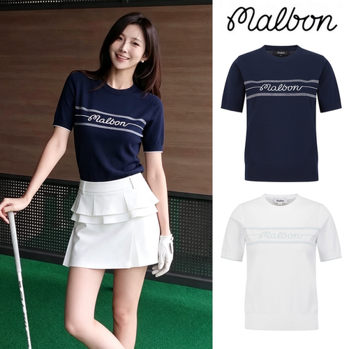 MALBON高尔夫女条纹针织短袖衫