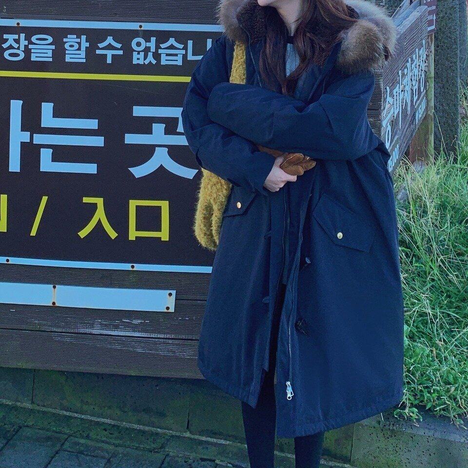 大毛领连帽羽绒棉服女冬季韩版新款牛角扣宽松大码胖mm中长款外套