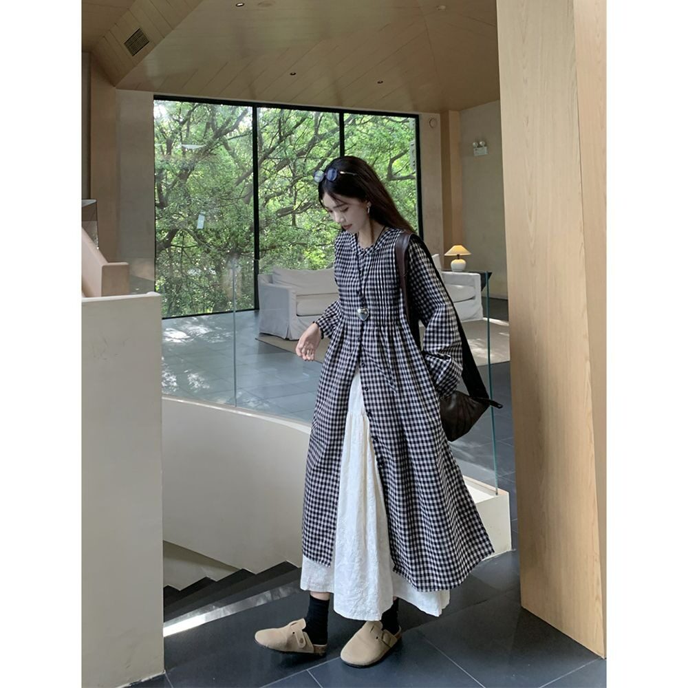 秋装新款大码女装日系慵懒风格子衬衫连衣裙简约上衣