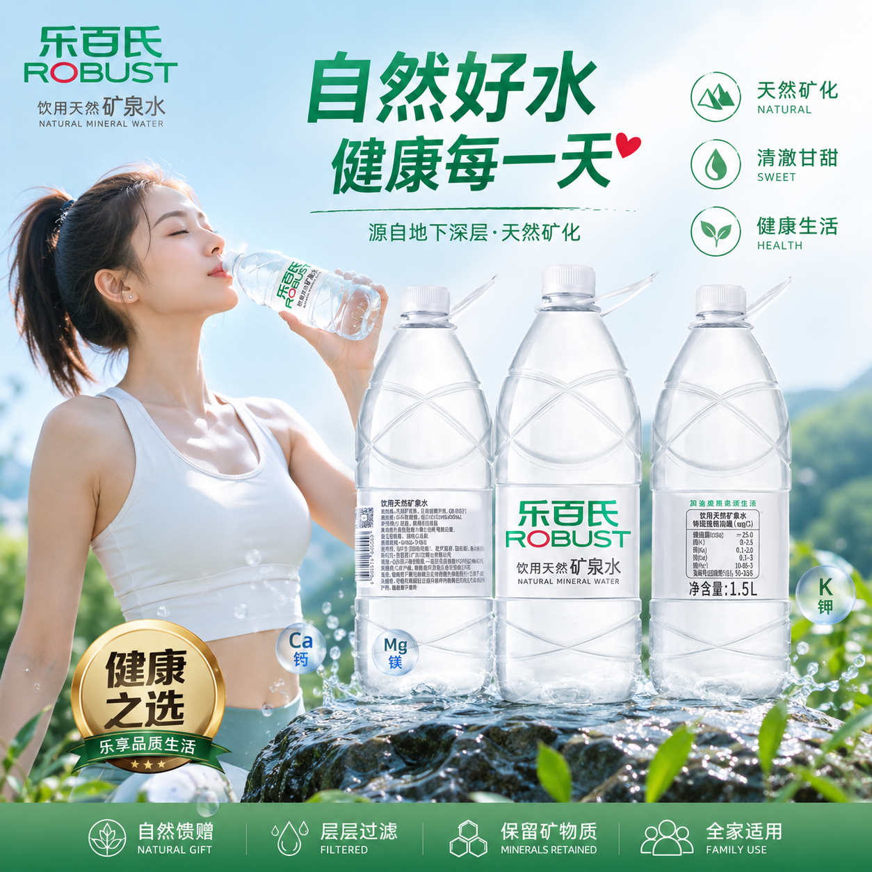 乐百氏天然矿泉水1.5L*12瓶大瓶装家庭健康高端饮用水整箱批特价