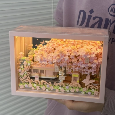 樱花树屋积木永生花拼图相框女生高颜值仙气手工diy情人节礼物女