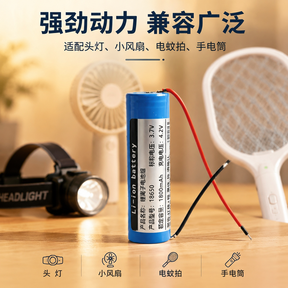电蚊拍专用18650锂电池可充电3.7v带线高容量充电宝电池音响头灯
