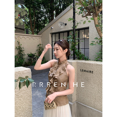 RRREN HE【拜托小姐】醋酸高级质感煅荷叶修身无袖香槟金气质衬衫