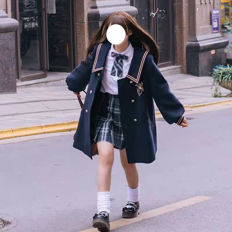 原创日系纯色水手领大衣学院风中长款双排扣JK毛呢外套秋冬制服女