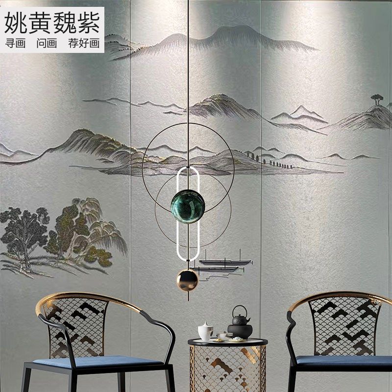 刺绣壁布金色山水沙发背景墙苏绣墙布独幅一整张真丝刺秀硬包竖版