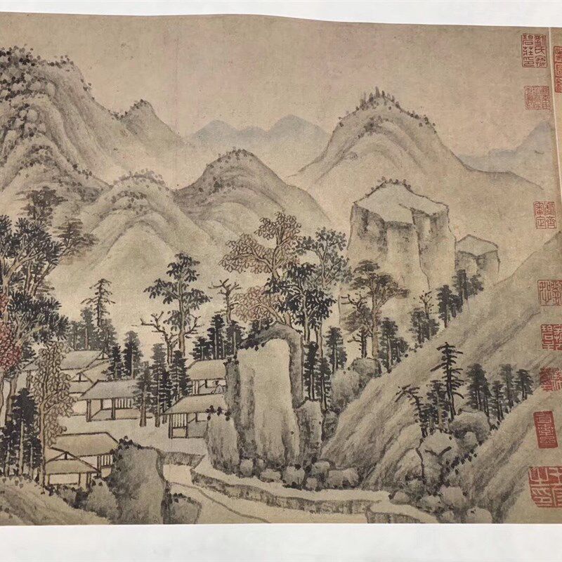 元 黄公望 秋林烟霭图 古代名家山水画长卷真迹复制品临摹装饰