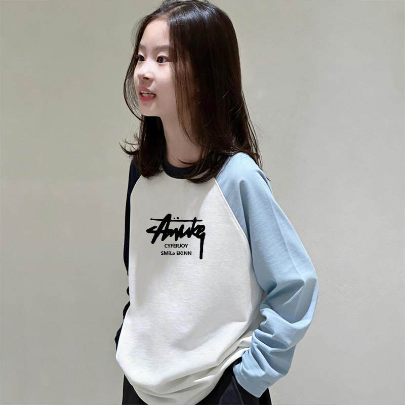 女童洋气拼色纯棉长袖T恤上衣2026春秋新款女中大童时尚插肩袖潮t