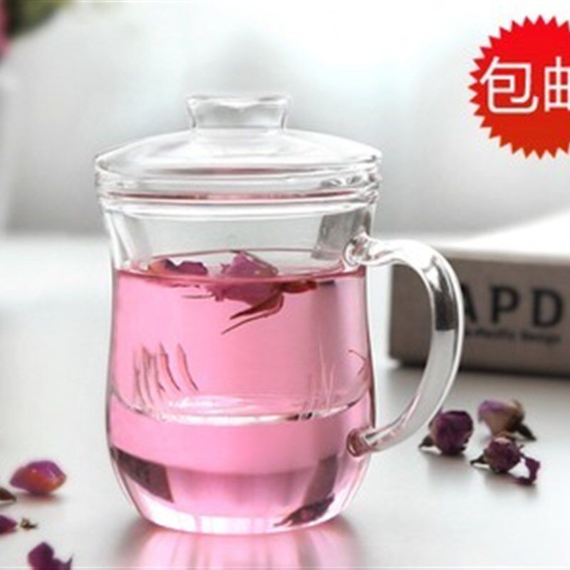 雅集玻璃茶格杯办公室内胆花茶杯直饮杯水杯子有盖带把透明泡茶杯
