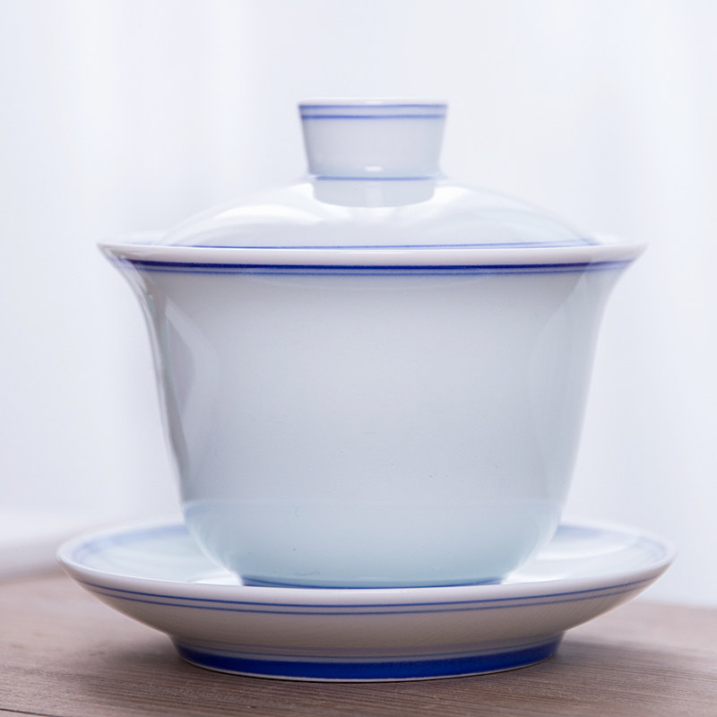 盖碗大号青花瓷手绘双线玄纹三才茶碗盖杯功夫茶具白瓷手工泡茶器