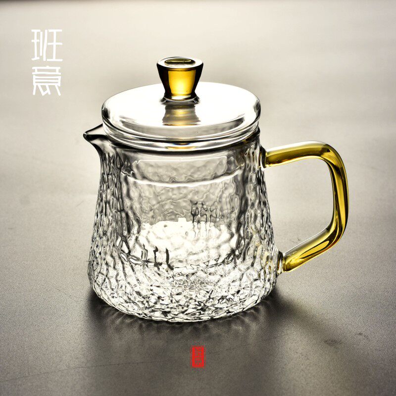 班意 耐热锤纹玻璃过滤三件套茶杯办公水杯有盖内胆带把泡茶杯