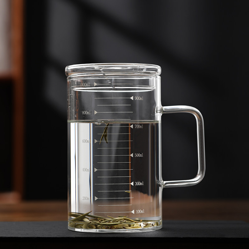 超大号容量耐热玻璃杯办公室泡茶杯透明刻度懒人喝茶水杯子1000ml