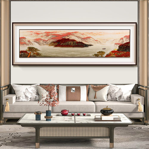 客厅沙发背景挂画高级感鸿运当头装饰壁画高档立体大气山水床头画