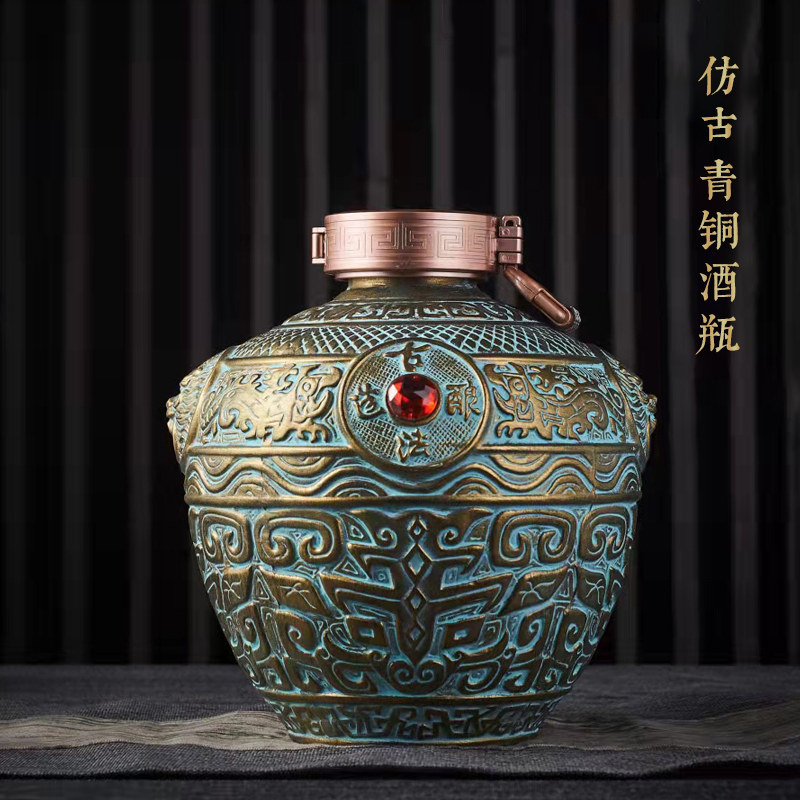 仿古青铜色古法双耳陶瓷泡酒坛子存酒家用6斤空酒瓶密封高端摆件