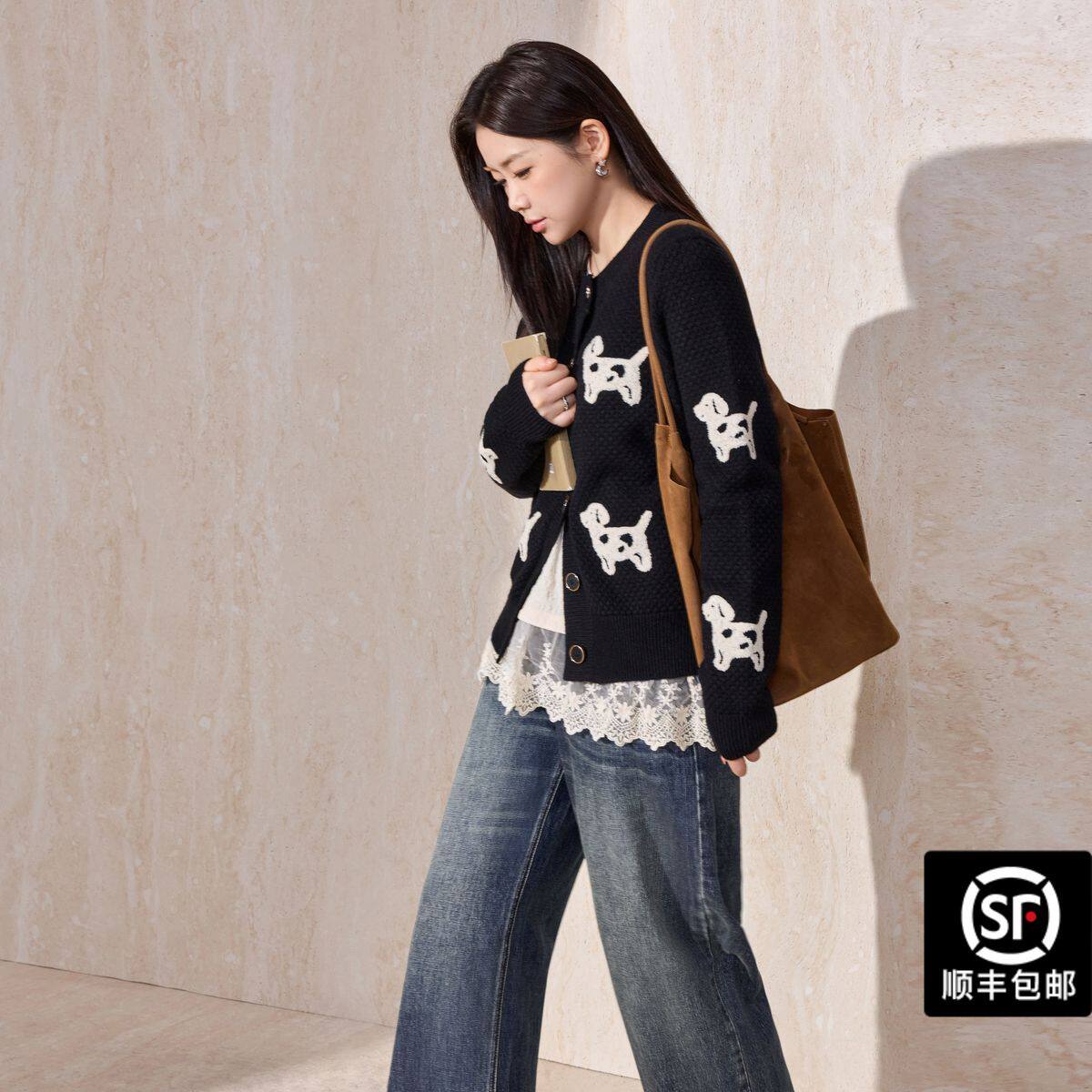 张大人大码女装胖妹妹mm冬季韩系显瘦小狗毛衣外套上衣牛仔裤套装