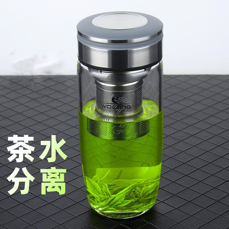 卧龙玻璃杯单层大肚鹅蛋加厚车载大容量透明水杯茶水分离泡茶杯子