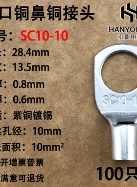 铜鼻子10平方窥口铜接线端子SC10-10紫铜端子接头线耳100只