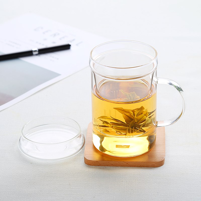 明尚德家用花玻璃杯带盖过滤玻璃水杯茶水分离泡茶杯带把男女水杯