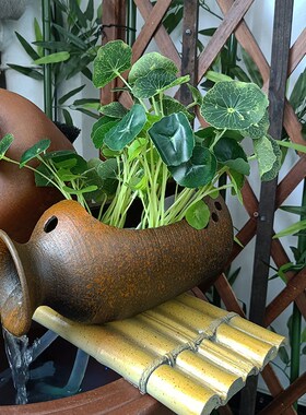 古法鱼缸田园造景乡村风格树脂材质流水罐循环水花瓶绿植吊篮摆件