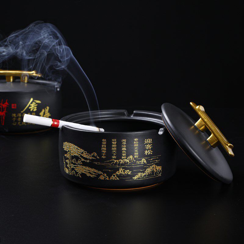 创意描金烟灰缸客厅陶瓷个性潮流中号带盖防飞灰家用茶几摆件礼品