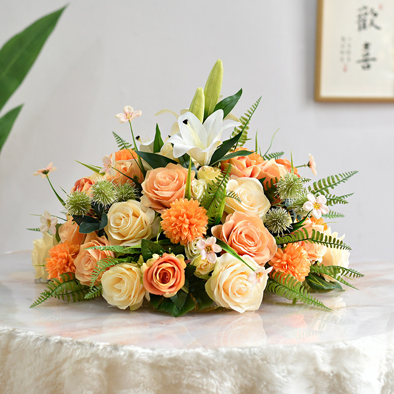 酒店大圆桌餐桌摆花转盘中间装饰摆件假花仿真花餐厅布置百合桌花