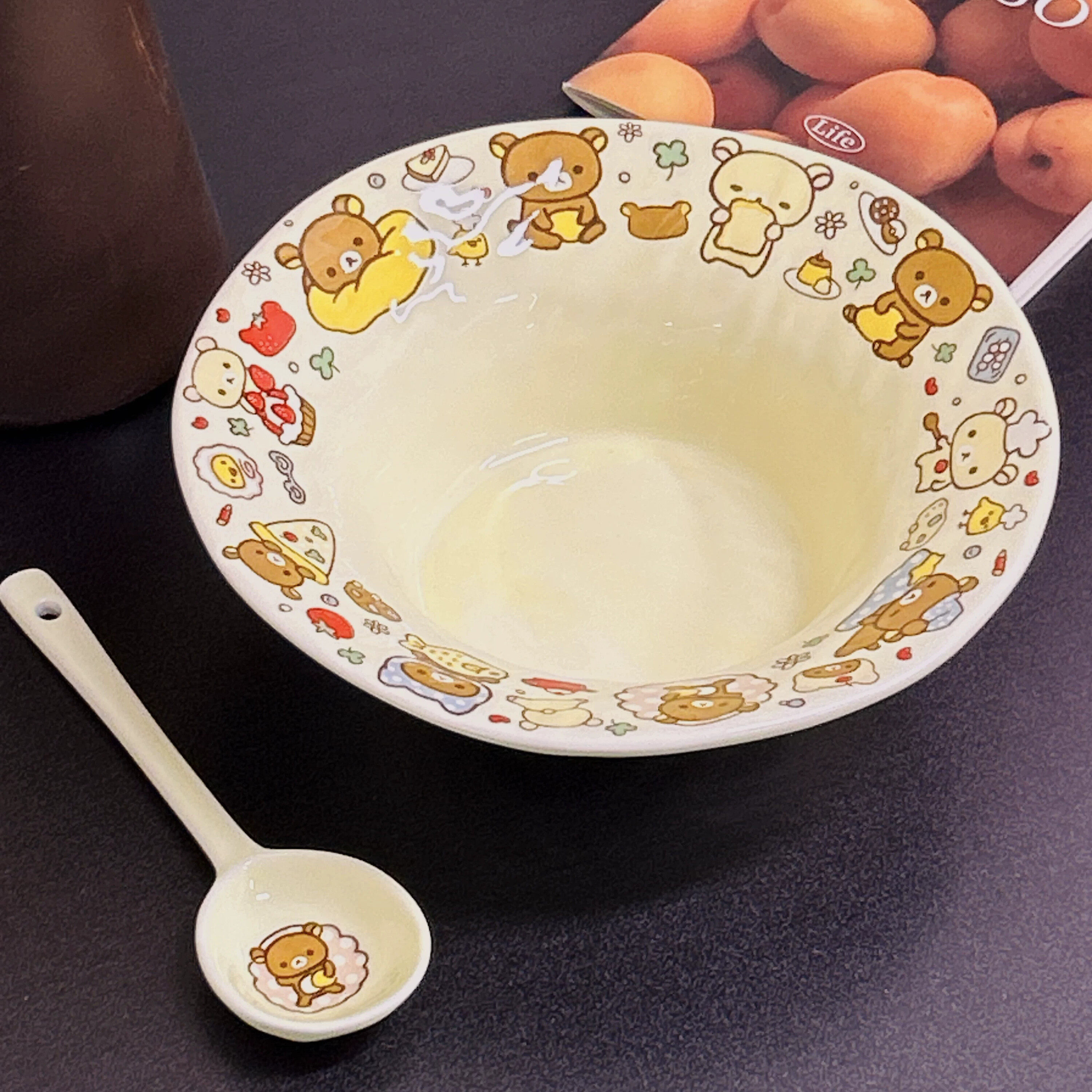 轻颂熊陶瓷草帽碗可爱卡通日系螺蛳粉碗学生宿舍泡面碗创意沙拉碗