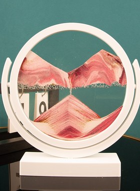 创意解压翻转圆盘3d山水立体动态玻璃流沙画沙漏摆件酒柜客厅装饰