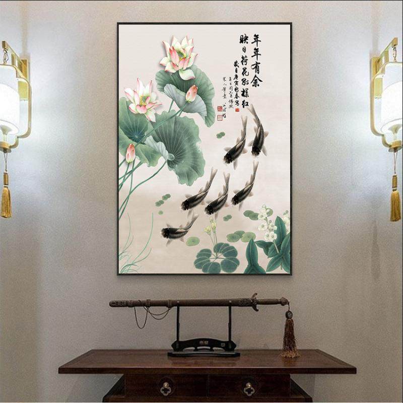 六鱼图挂画玄关过道走廊壁画客厅办公室竖挂画 年年有余墙壁画