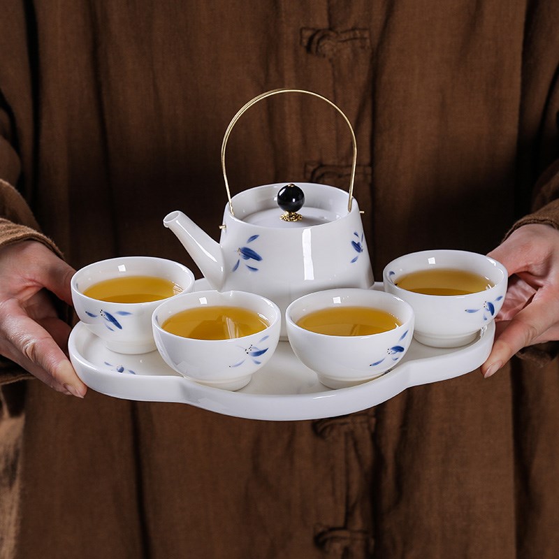 羊脂玉瓷蝴蝶兰花提梁壶茶具套装家用茶壶茶杯组合带过滤功夫茶具