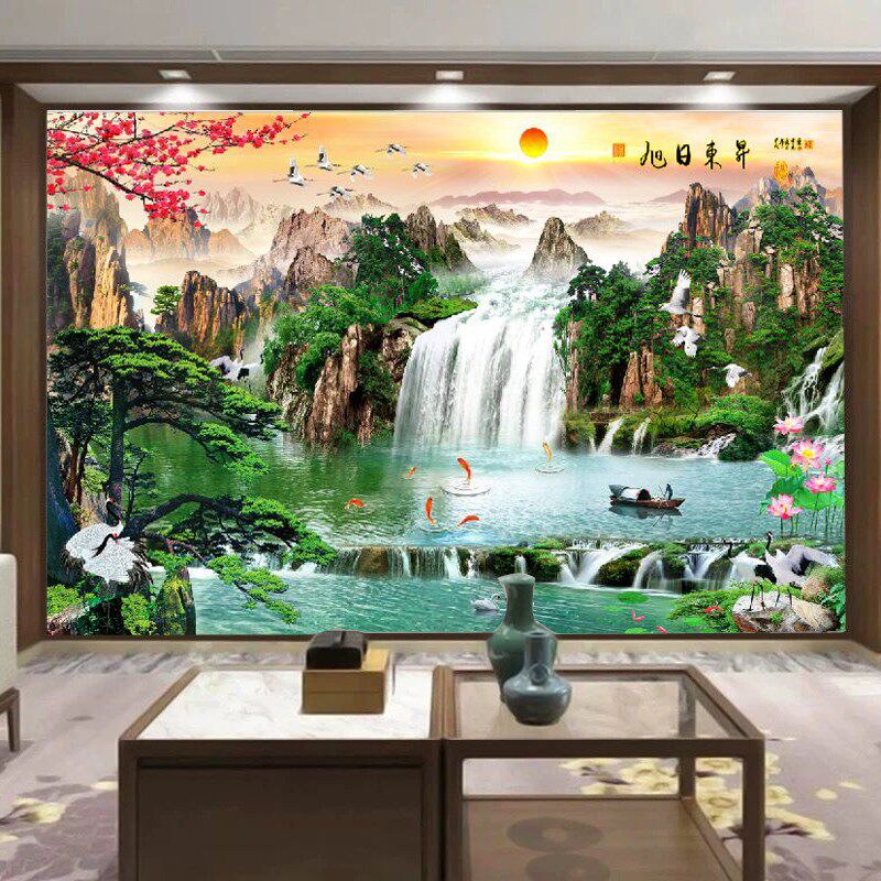 中堂画流水生财电视背景墙壁画中式山水画3d墙布沙发墙壁纸迎客松