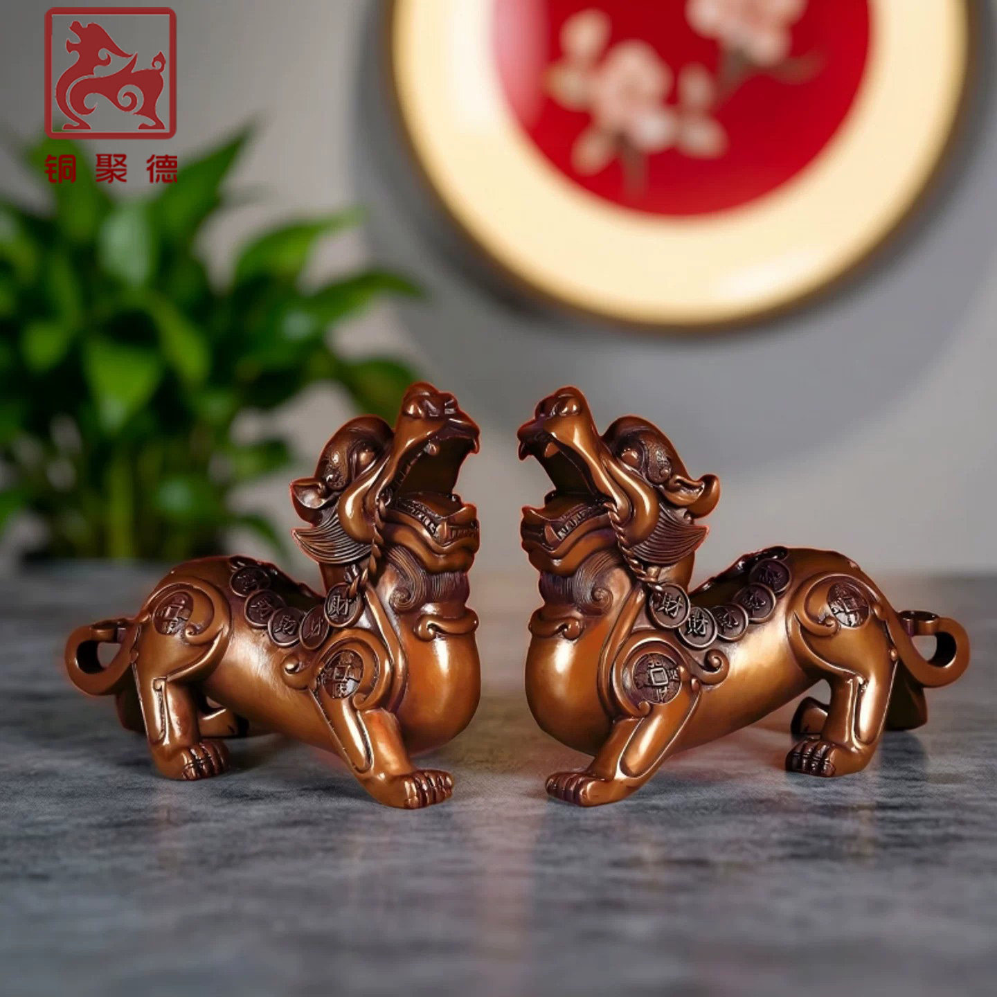 铜聚德紫铜金钱貔貅摆件一对