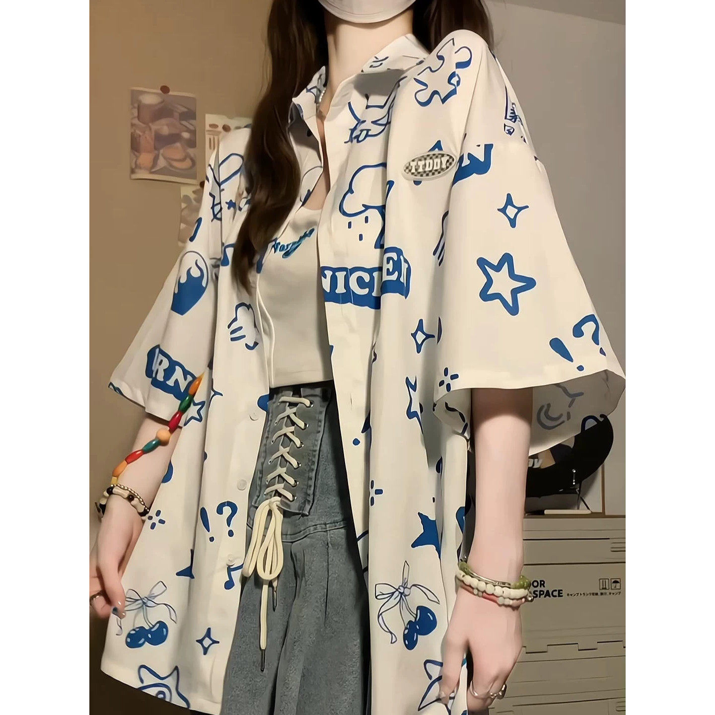 美式涂鸦卡通满印设计感短袖衬衫女夏季2026新款宽松学院风上衣