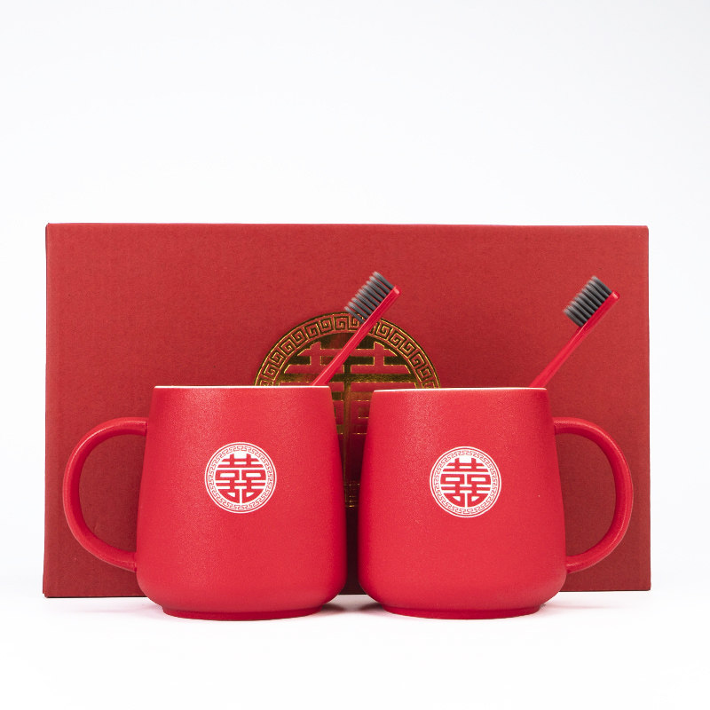 新婚红色陶瓷洗漱杯创意牙刷杯情侣漱口对杯结婚牙具杯陪嫁定制