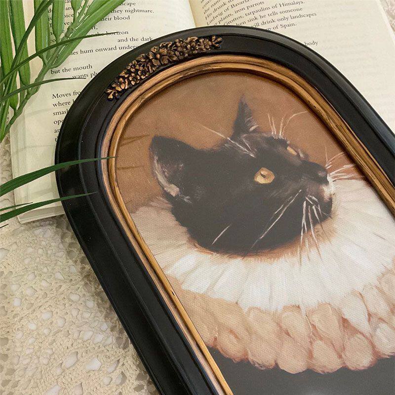 法式中古黑色猫咪油画金边脂雕花拱形相框画框树脂摆台欧式装饰画