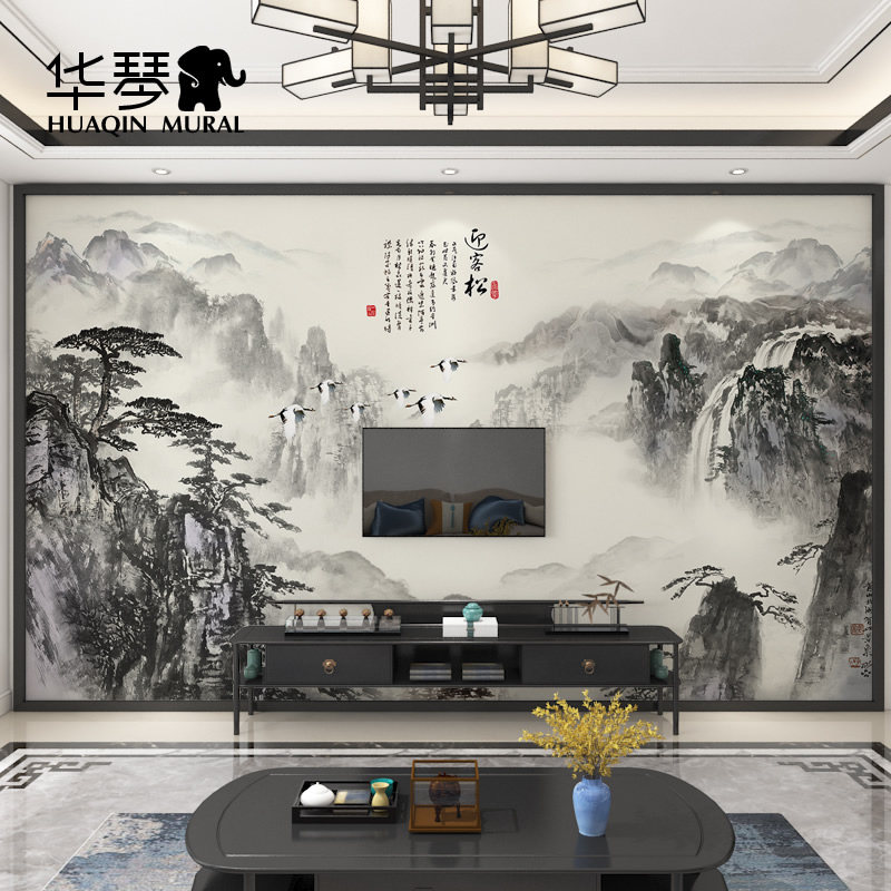 中式水墨大气山水国画迎客松飞鹤电视背景墙壁纸客厅壁画墙纸墙布