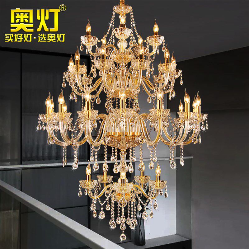 奥灯欧式蜡烛水晶吊灯复式楼大灯工程酒店别墅楼梯四层长吊灯9865