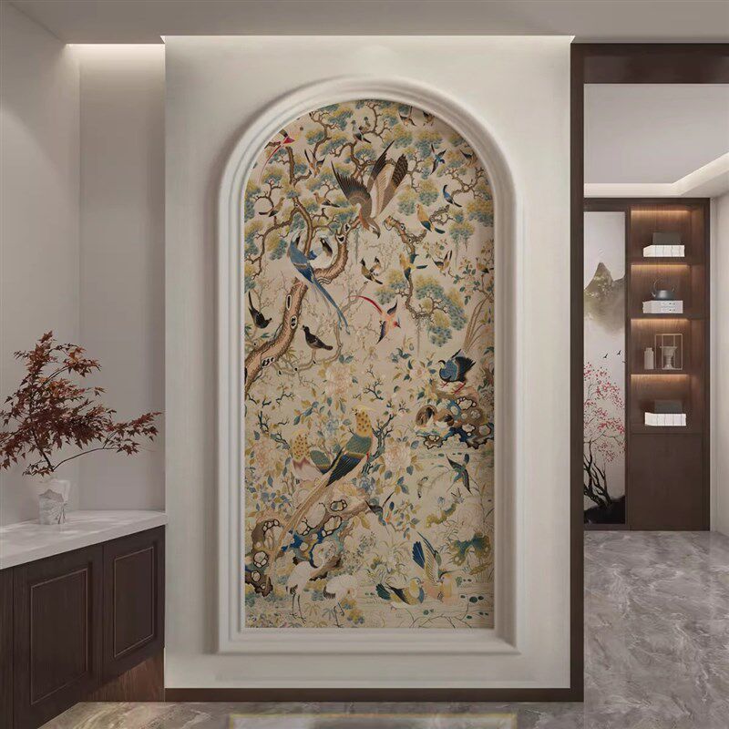 法式复古玄关装饰画高级感入户正对门竖版壁画中古风走廊过道壁纸