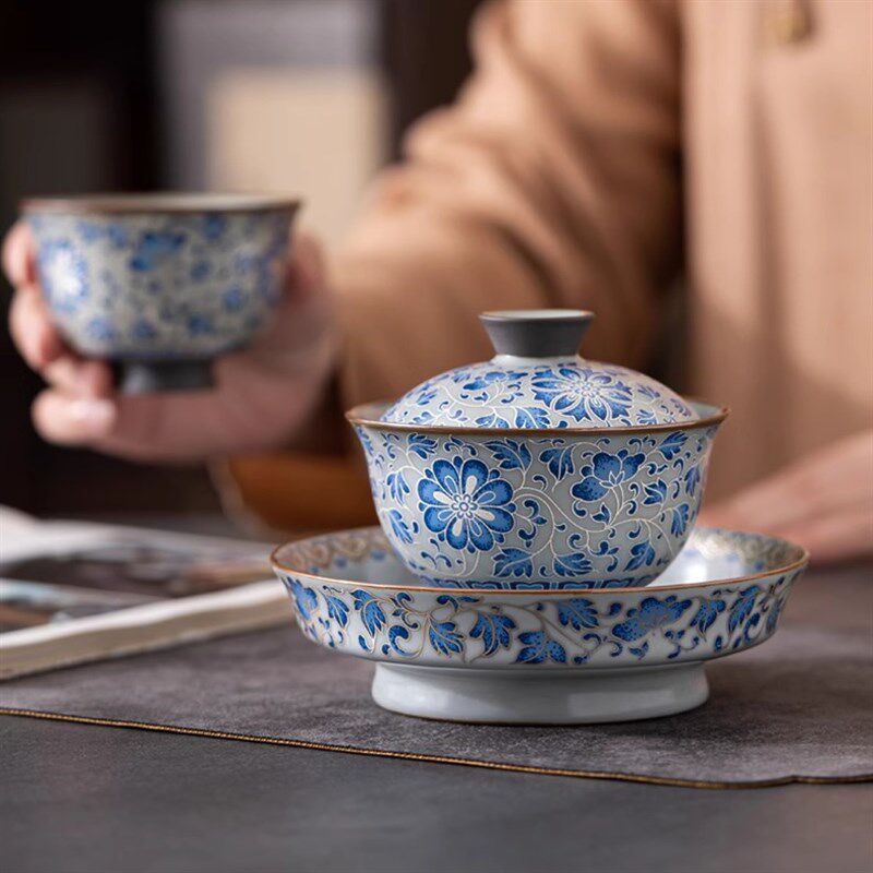 仿古汝窑青花瓷三才盖碗大号陶瓷泡茶杯单个高档带盖功夫茶不烫手