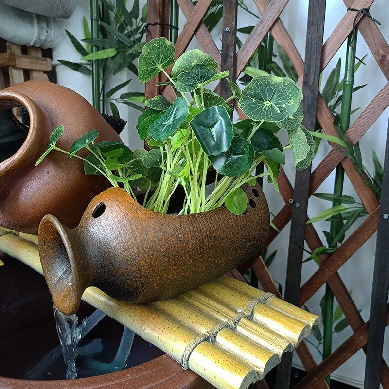 古法鱼缸田园造景乡村风格树脂材质流水罐循环水花瓶绿植吊篮摆件