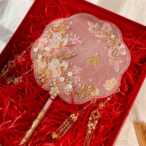中式婚礼新娘喜扇粉色秀禾服团扇结婚出嫁扇子diy材料包古典拍照