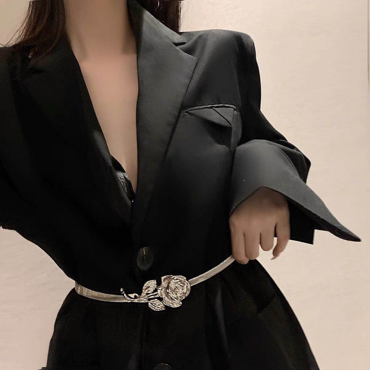 腰带女玫瑰花朵配饰西装连衣裙子装饰收腰高级感腰链金属弹力腰带