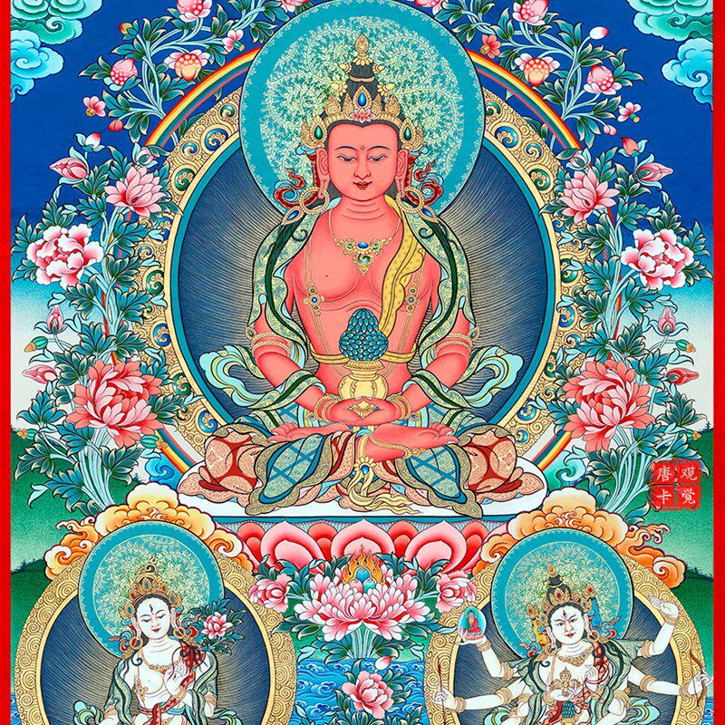长寿佛长寿三尊唐卡画像西藏热贡客厅玄关壁画背景墙装饰挂画