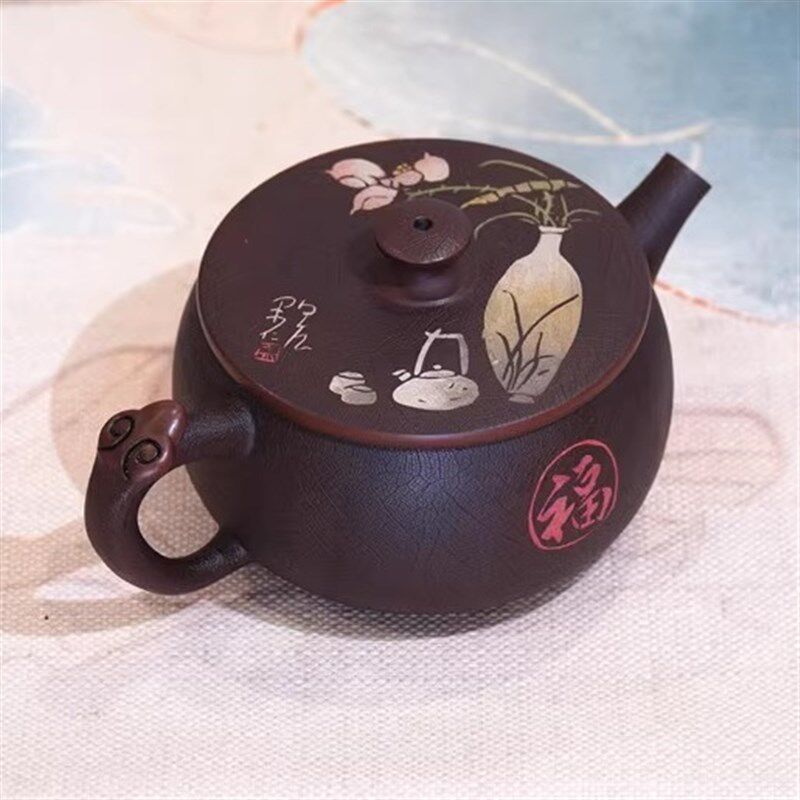 云南建水紫陶茶壶纯手工平盖石瓢紫砂壶原矿宽口大容量茶壶阴刻填