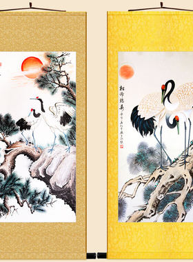 松鹤延年图 仙鹤松树贺寿拜寿花鸟画卷轴挂画 中式书房客厅装饰画