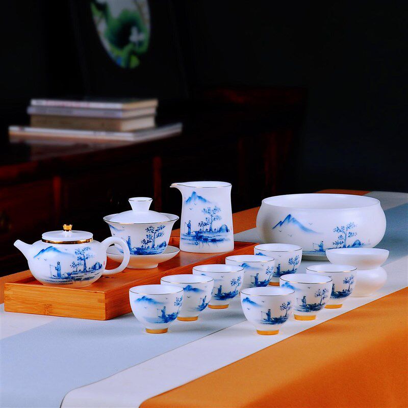 手绘山水茶具高端羊脂玉茶壶盖碗品茗杯茶洗功夫套组合