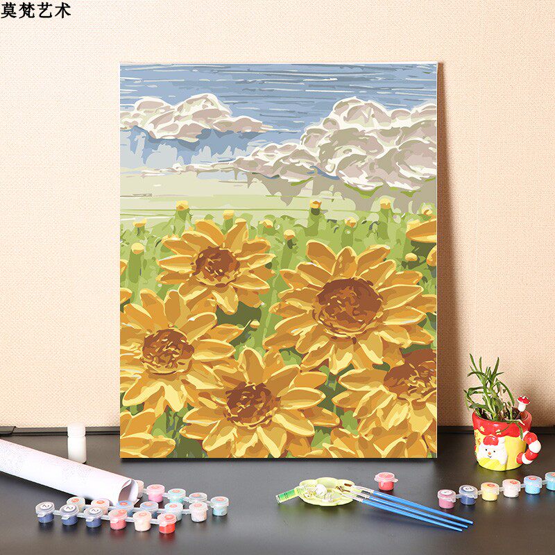 数字油画diy填充手工蓝天白云向日葵少女治愈填色手绘丙烯油彩画